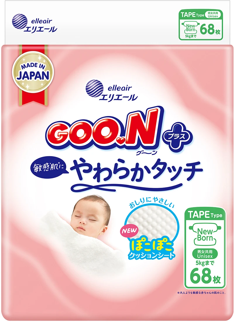 Одноразовые подгузники Goo.N Plus до 5 кг размер NB, на липучках, унисекс, 68 шт. (21001495)